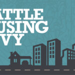 A teal and grey illustration. The background is teal with illustrations of dark grey buildings. In white text reads "Seattle Housing Levy."